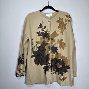 Susan Bristol Women's Tan Floral Button Cardigan Sweater Long Sleeve Medium Wool